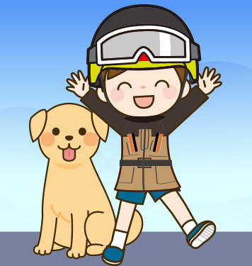 災害救助犬ハンドラーの隊服を着て記念撮影